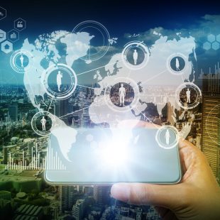 worldwide communication network concept, modern cityscape and smart phone, abstract image visual